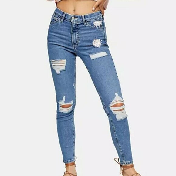 2/$30 Topshop Moto Jamie High Rise Extreme-Rip Skinny Mid Denim Tint W26 #9292 - Picture 1 of 8